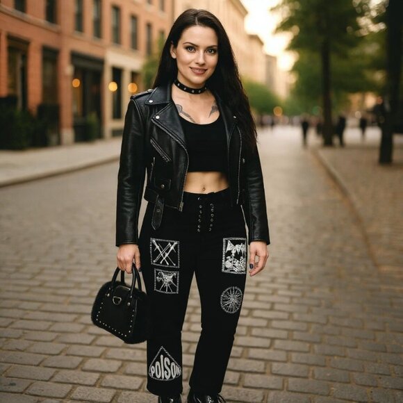 Current Mood Patch Lace-Up Jeans Punk Rocker Statement Pants NWT Size S - Picture 5 of 7